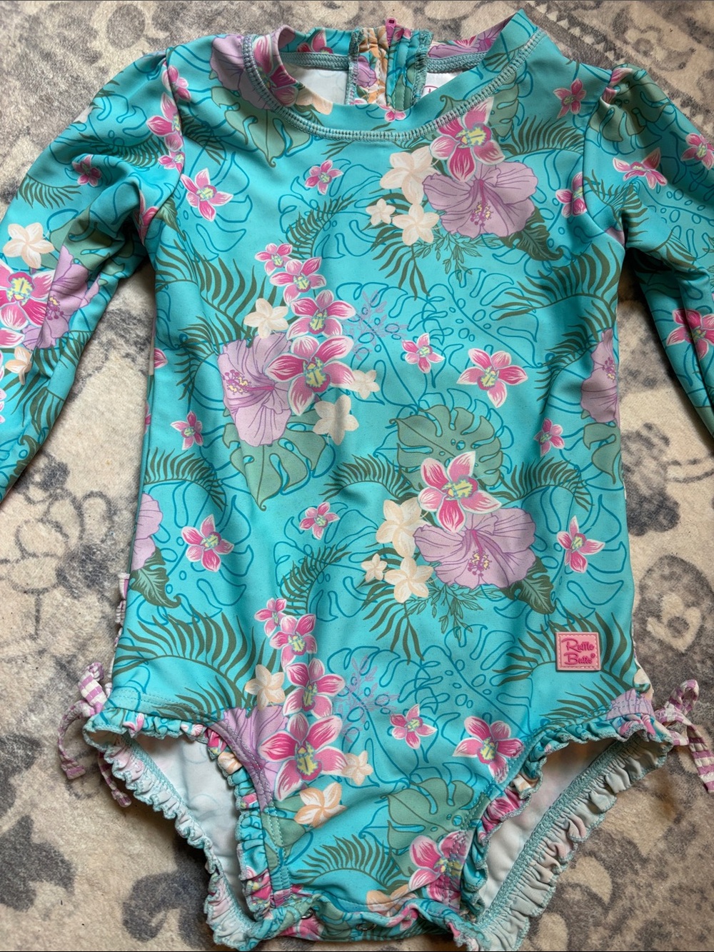 Ruffle Butts Teal Floral Long-Sleeve Rashguard One-Piece